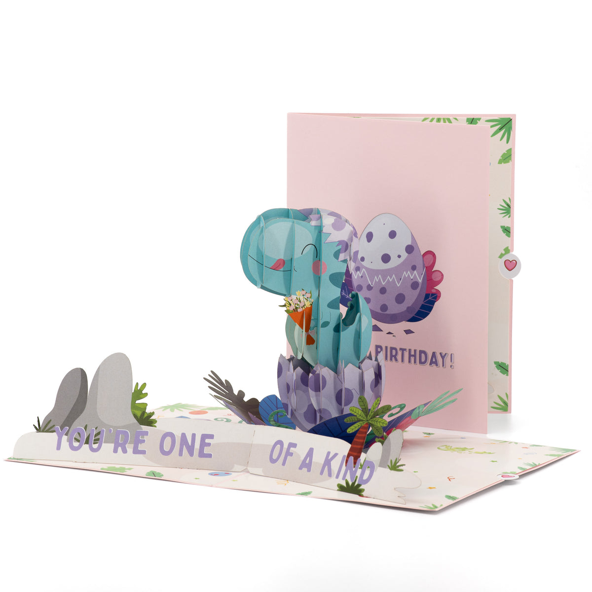 You're One of a Kind Birthday 3D pop-up card front view: baby dinosaur hatching with a bouquet, egg cover behind, everpop